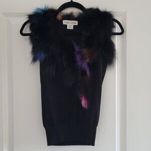 Sleeveless Top with multicolor faux fur collar by Paolo Santini, Medium, Black